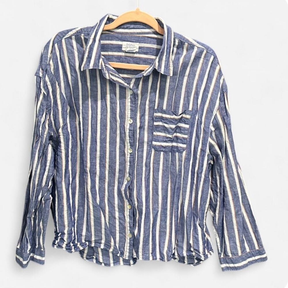 Sigrid Olsen Linen Cotton Stripe Shirt XL Oversized Cropped Coastal Boho - Picture 10 of 11
